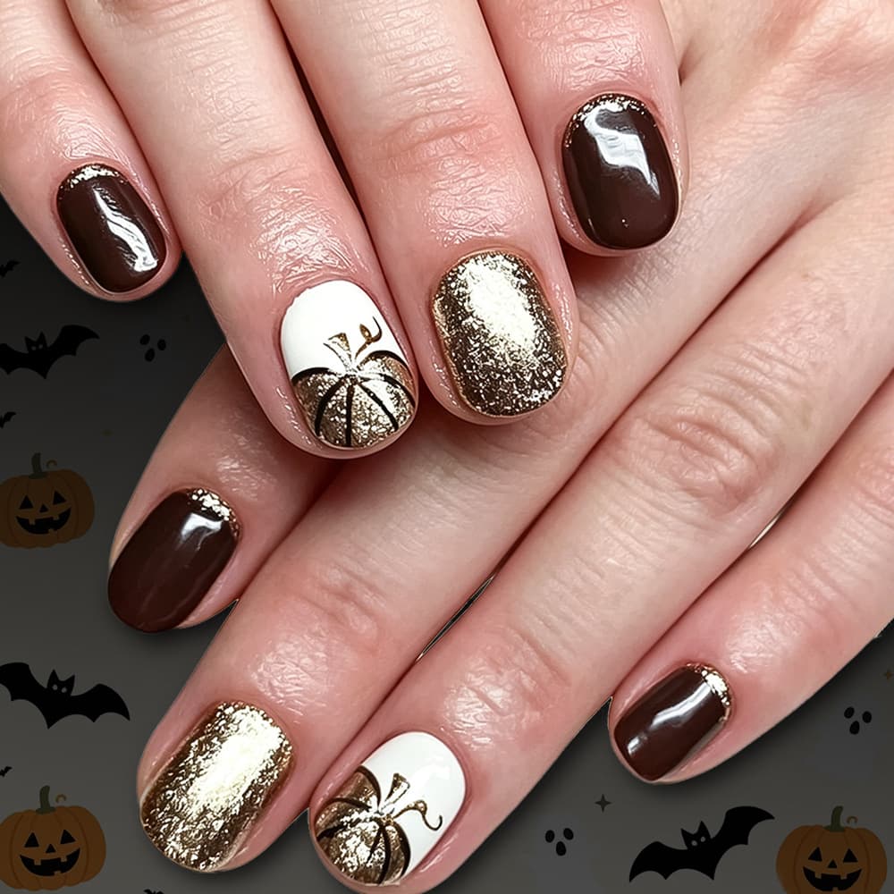 Halloween Short Nails Gold Pumpkin Sparkle High-End Versatile Glossy Press-On Nails 24Pcs Removable Fake Nails