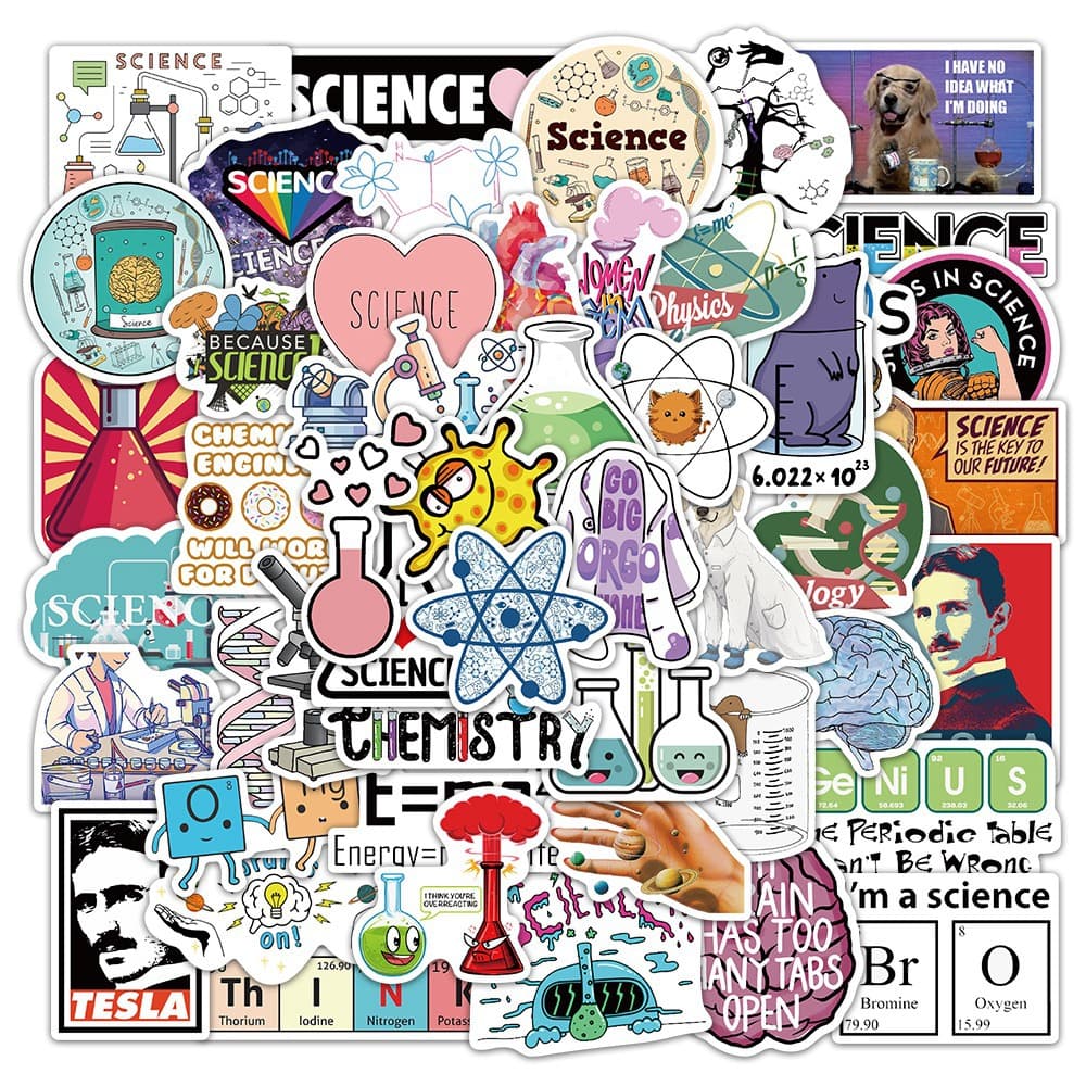 50 Pack Cartoon Lab Supplies Stickers Science Doodle Luggage Pen Case Sticker Waterproof School Car Decoration