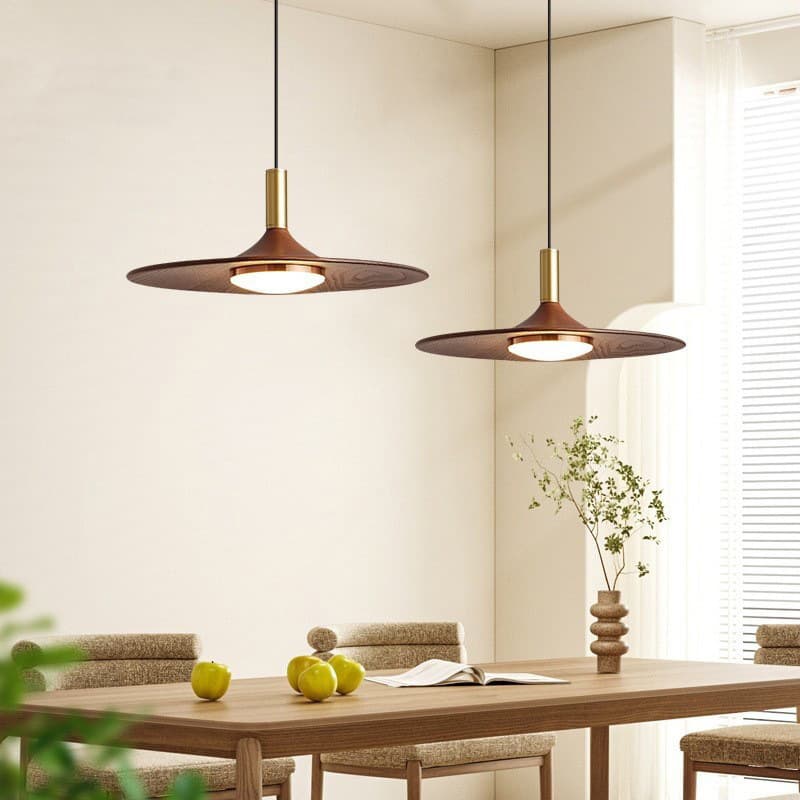 Mid-Century Retro Restaurant Pendant Light Vintage UFO Lamp Bar Counter Japanese Wabi-Sabi Walnut Color Bedroom Tea Room Dining Table 3-Head Light