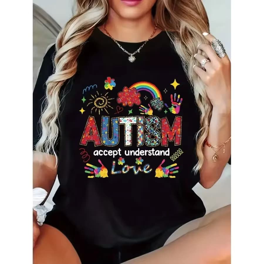 "Accept Autism" Graphic T-Shirt - Black Casual Crew Neck Short Sleeve Shirt with Rainbow and Handprint Design