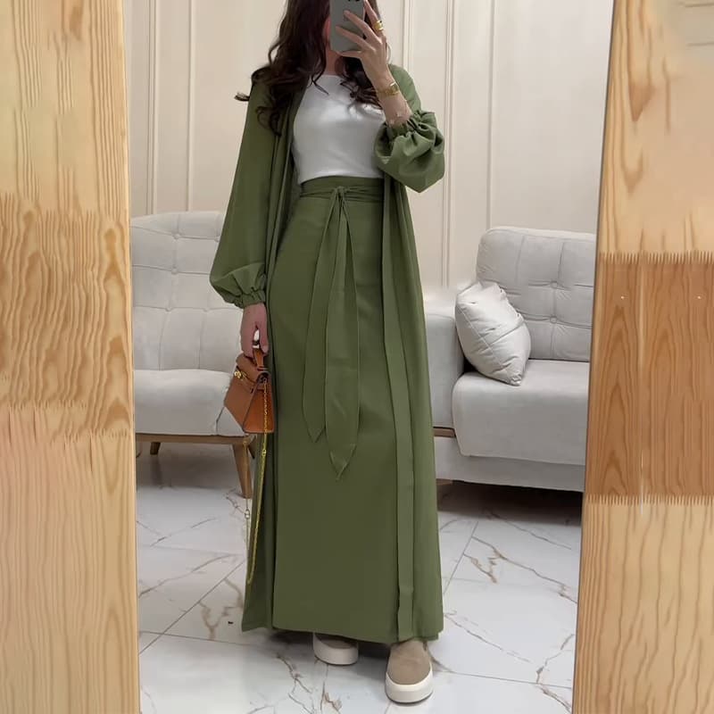 2025 Spring New Style European and American Amazon Foreign Trade Cross-Border V-Neck Long-Sleeved Fashionable Casual Long Skirt Two-Piece Set