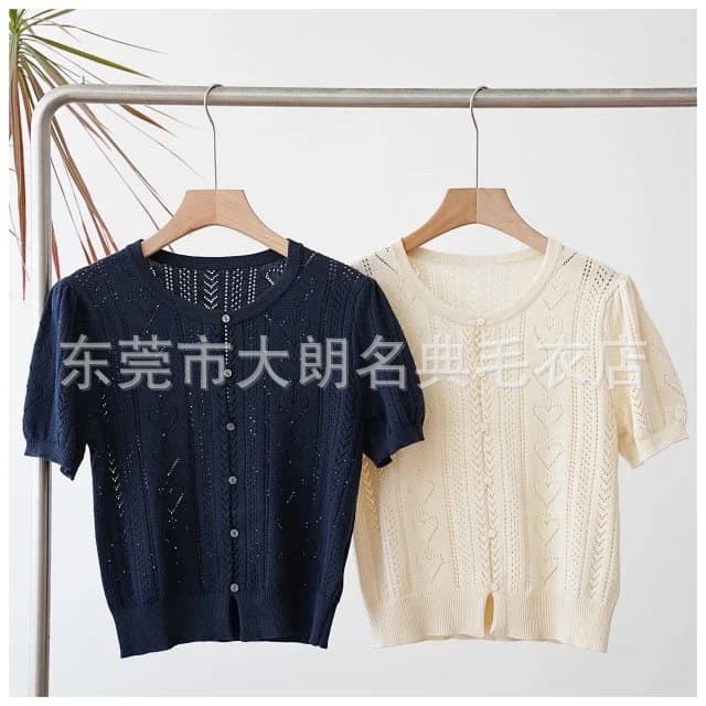 Korean style simple right shoulder short sleeve knitted cardigan Clean Girl Aesthetic women's knitted sweater batch