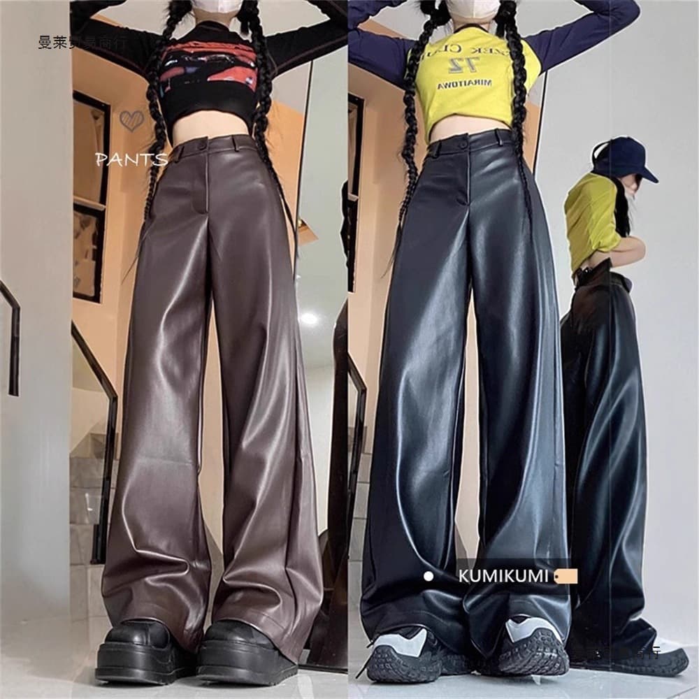 2025 Fall Retro Hong Kong Style Premium PU Leather Casual Pants Women High Waist Leather Pants Straight Wide Leg Floor-Length Trousers