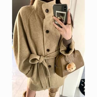 Stand Collar Double-Faced Cashmere Coat for Women, Petite Autumn/Winter Korean Style Loose Fitted Waist-Nipped Woolen Coat, Mid-Length