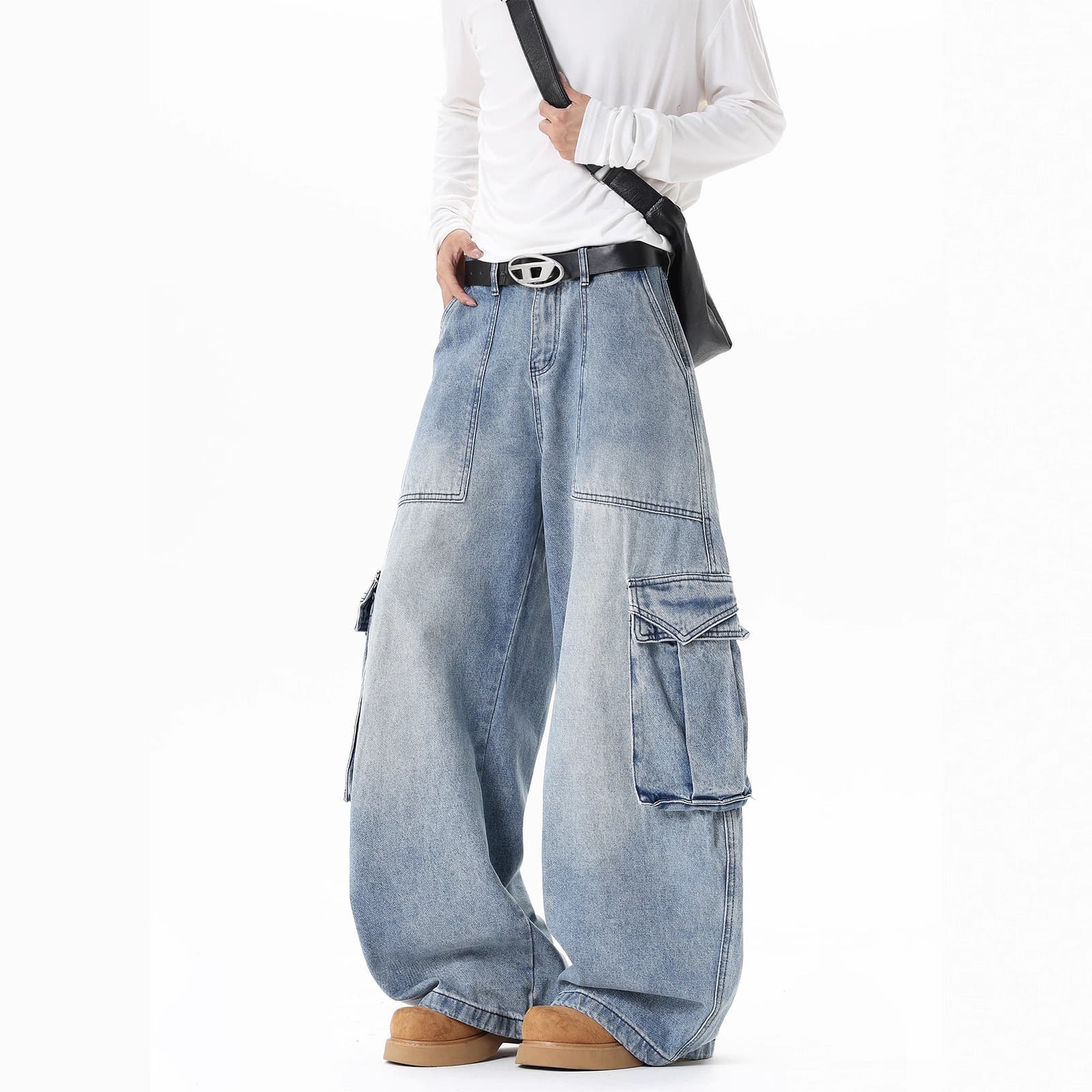 2025 American Retro Washed Heavyweight Multi-Pocket Bamboo Overalls Men's and Women's Straight Leg Loose Wide Leg Jeans Trendy