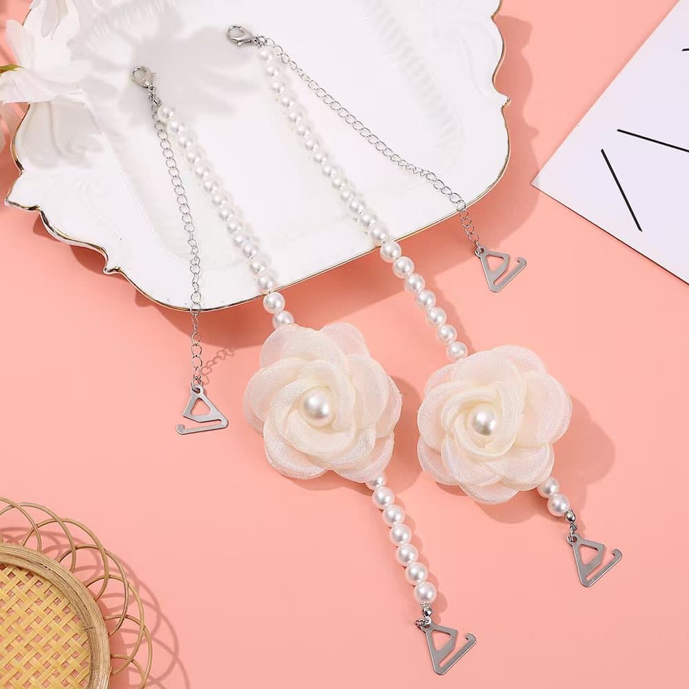 Ethereal Summer Pearl Fabric Flower Bra Strap for Women, Non-Slip Versatile Metal Backless Bra Strap Accessory