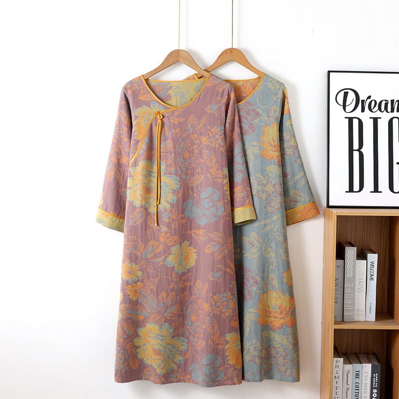 Vintage New Chinese Style Pure Cotton Yarn-Dyed Double-Layer Gauze Sleep Dress, Spring and Autumn Women's Three-Quarter Sleeve Mid-Length Home Dress