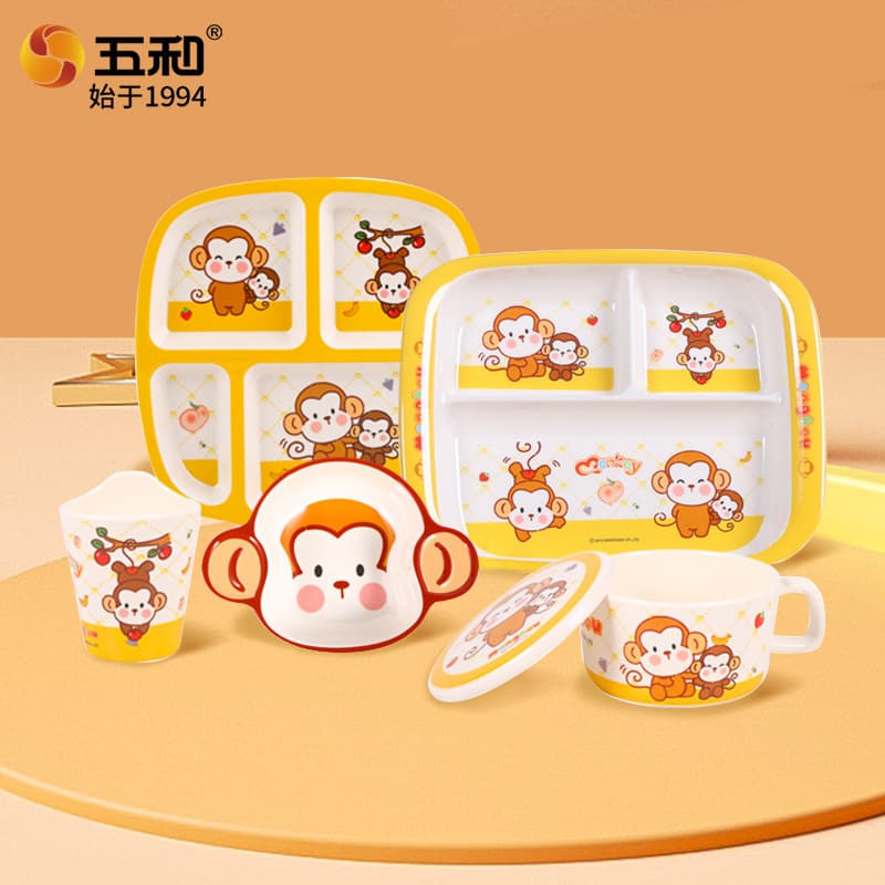 Wuhe Meng Monkey Melamine Tableware Food-Grade Cartoon Children's Tableware Heat-Resistant Drop-Proof Kids Cup Bowl Multi-Compartment Plate