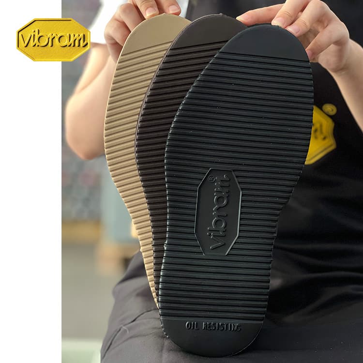 Reputable supplier offering Italian Vibram 2021 lifestyle sole replacement and repair, golden outsoles.