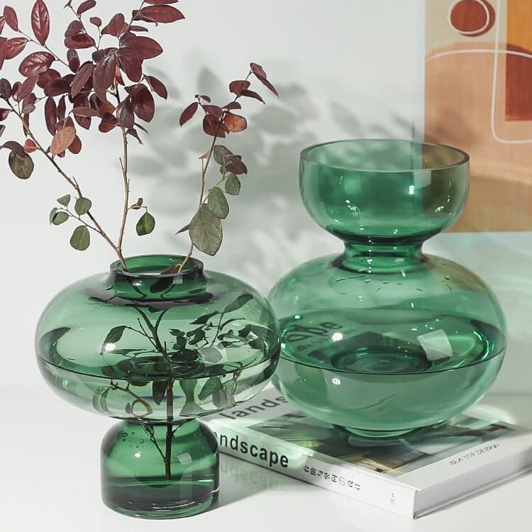 Green Glass Flower Pot Gourd Vase, Nordic Style Creative Minimalist Design Decoration for Living Room Showroom Flower Arrangement