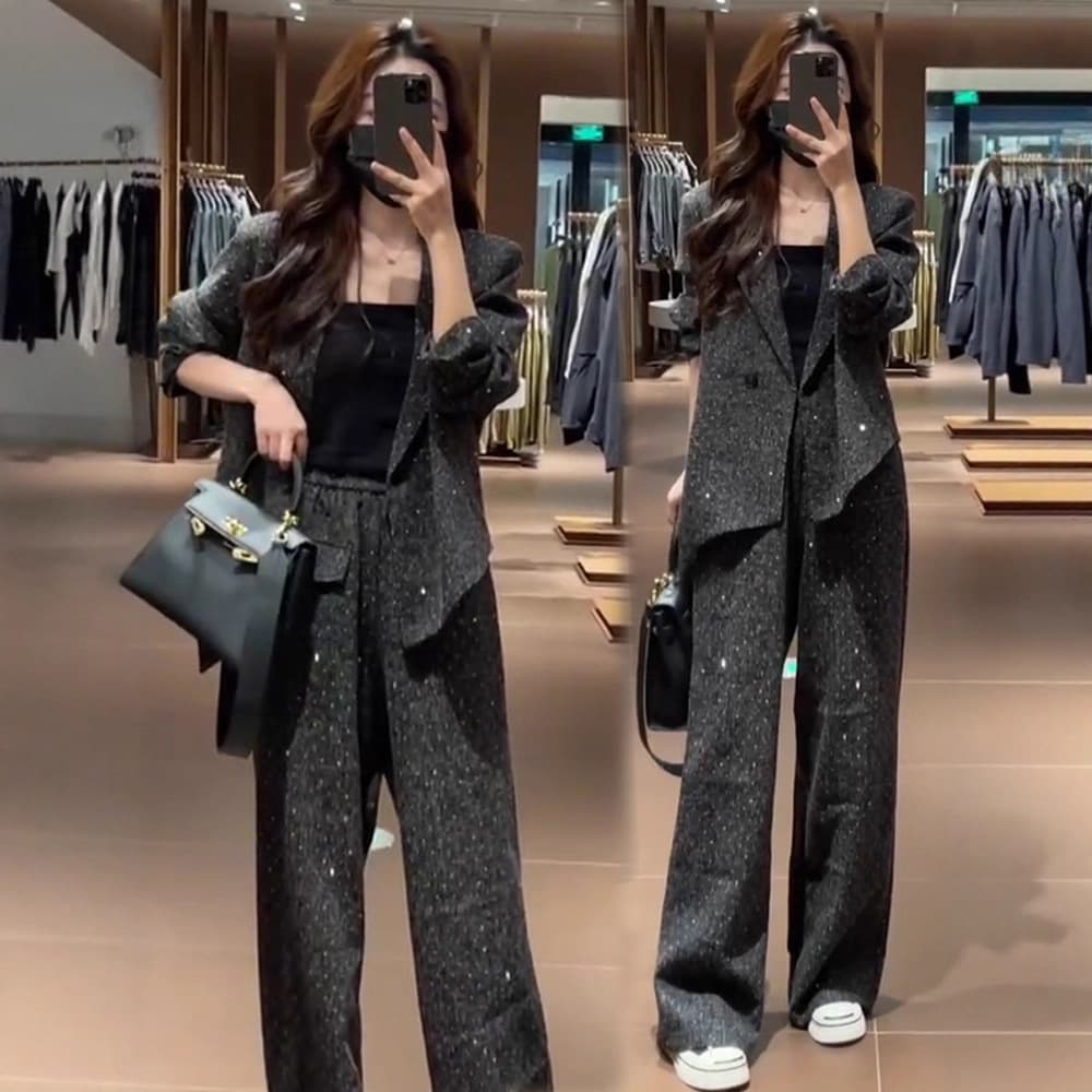 Plus Size Women's Chanel-Style Slimming Blazer Set with Sparkly Wide-Leg Pants Two-Piece Set for Curvy Figures