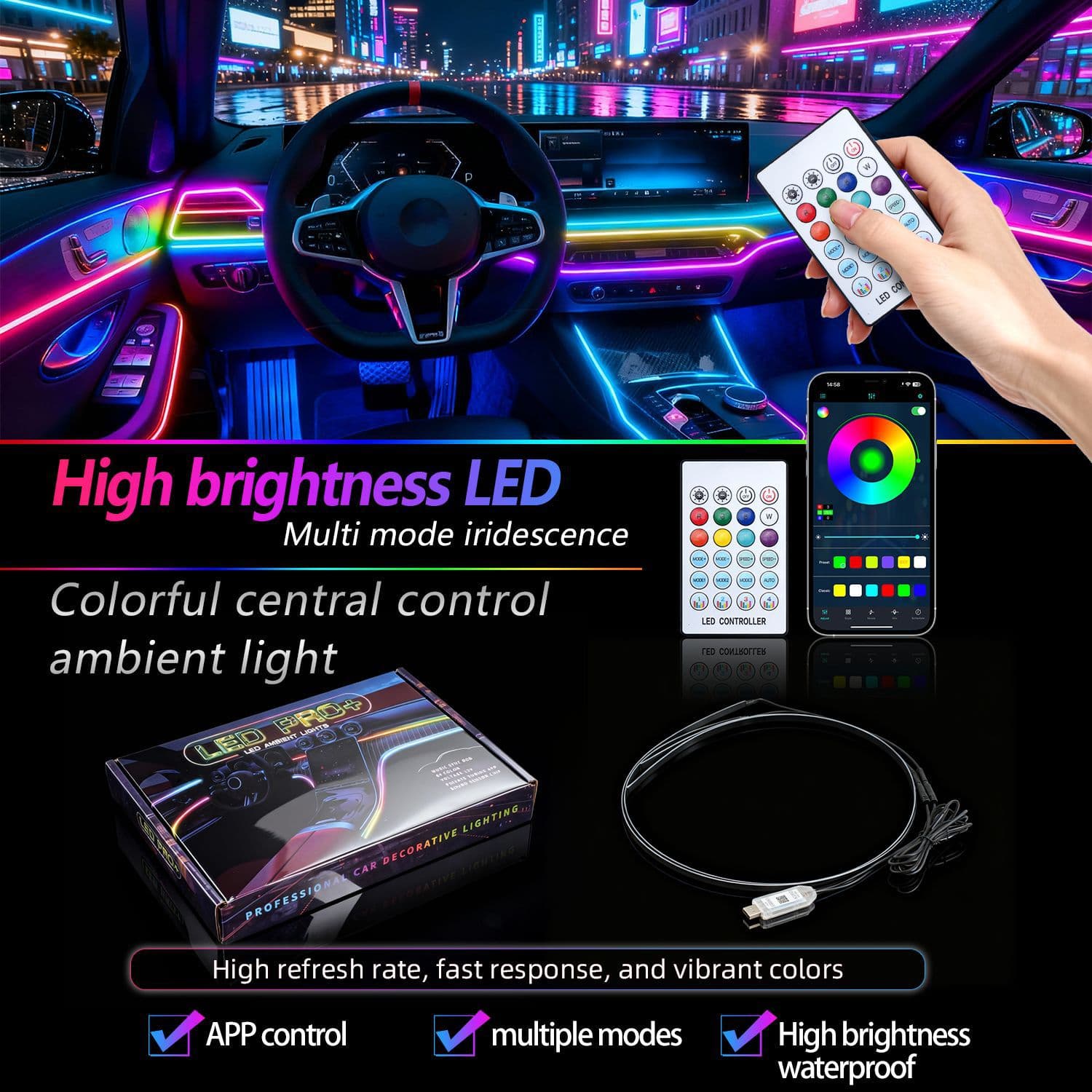 Factory hot selling car door frame colorful LED ambient light streamer colorful wireless invisible wiring-free atmosphere light strip