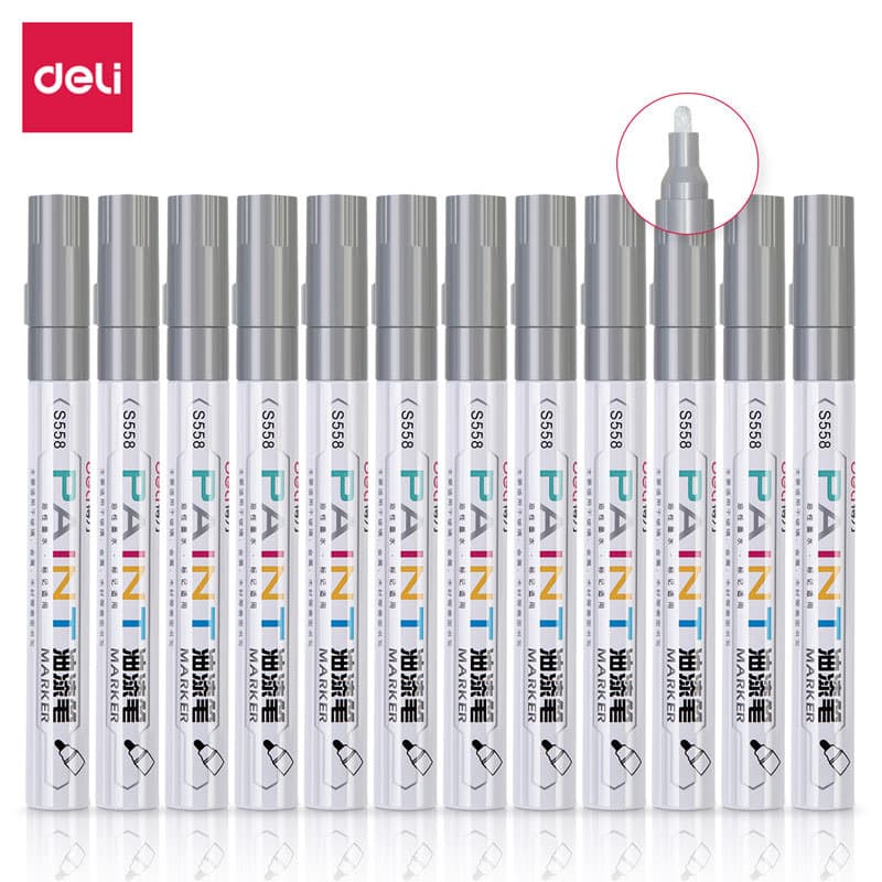 Deli S558 Paint Pen Fast-Drying Touch-Up Pen Waterproof Silver (12 pcs/box)