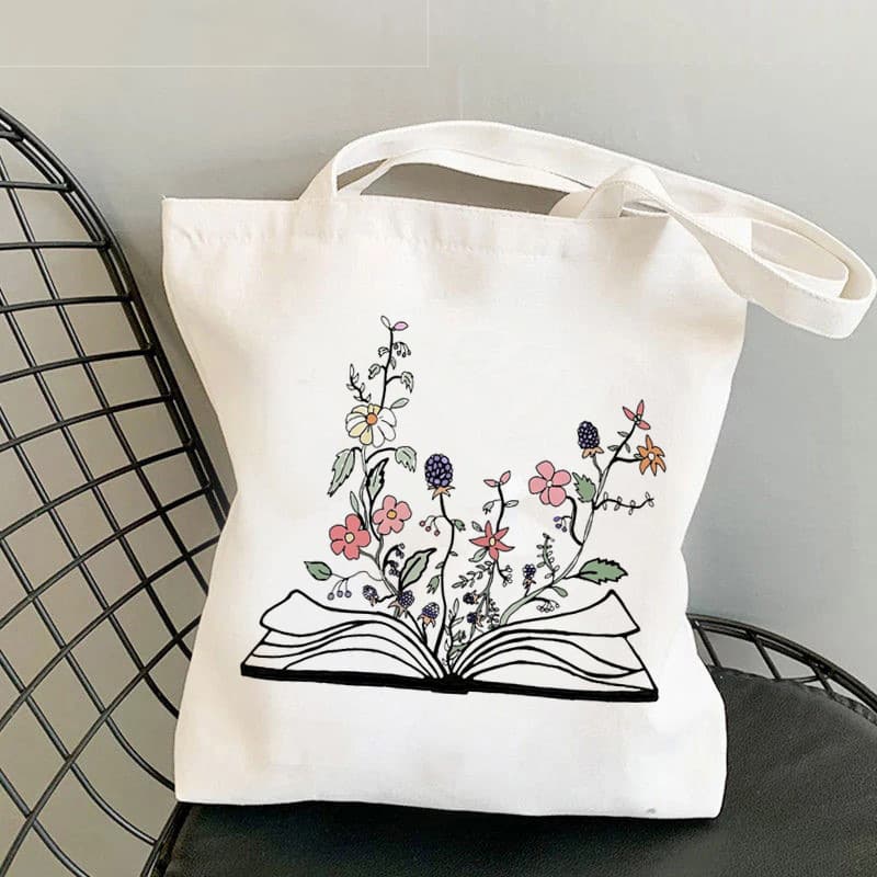 Cross-border Flowery Books Print Canvas Bag Shoulder Bag Student Fashion Tote Shopping Bag Tote Bag