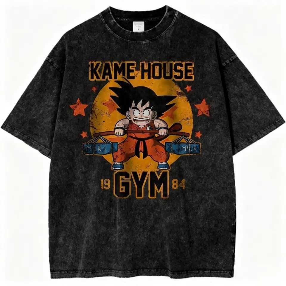 Dragon Ball Goku Gym Vintage Washed T-Shirt Unisex Cotton Short Sleeve Anime Graphic Print Streetwear Tee