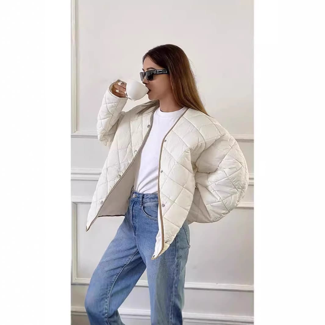 2024 cross-border new DAZY women's diamond pattern and contrasting drawstring padded jacket, loose and warm