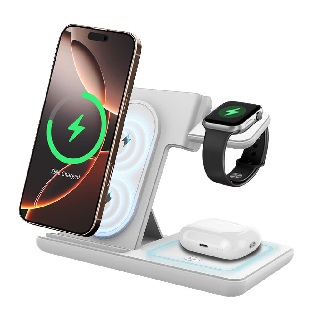 3-in-1 Vertical Foldable Wireless Charger Compatible with Apple Phones, Watches, Earphones, and 15W Fast Wireless Charging