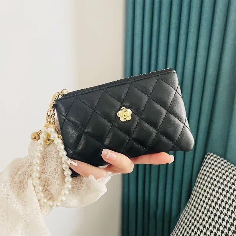 Camellia Diamond Quilted Chanel-Style Women's Student Portable Card Holder Keychain Earphone Pouch Mini Coin Purse