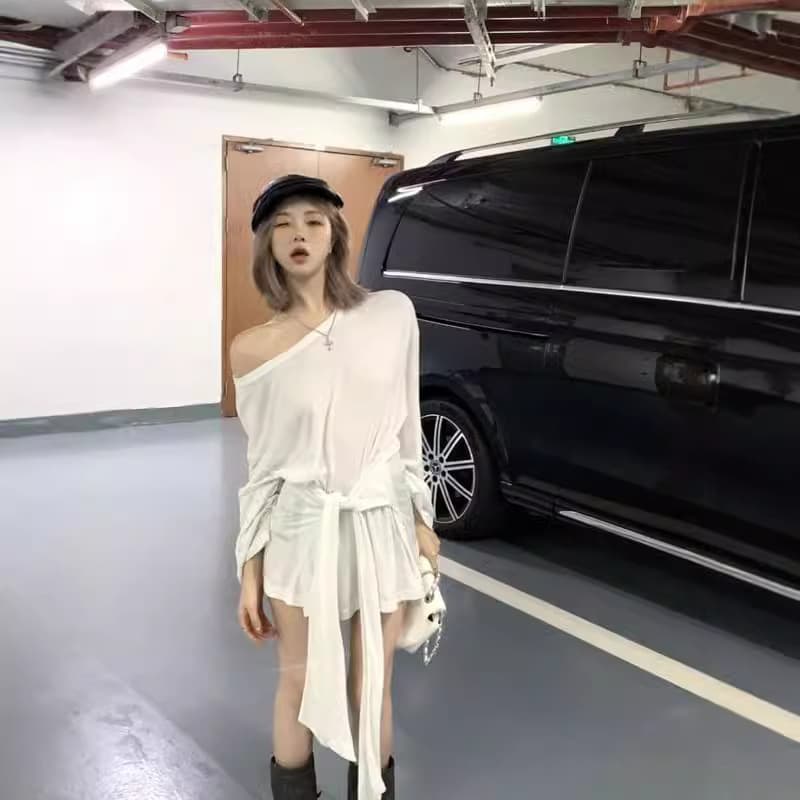 White Thin Strap Long-Sleeved Shoulder T-Shirt Women's Autumn Loose Casual Sun Protection Blouse Long Elegant Top