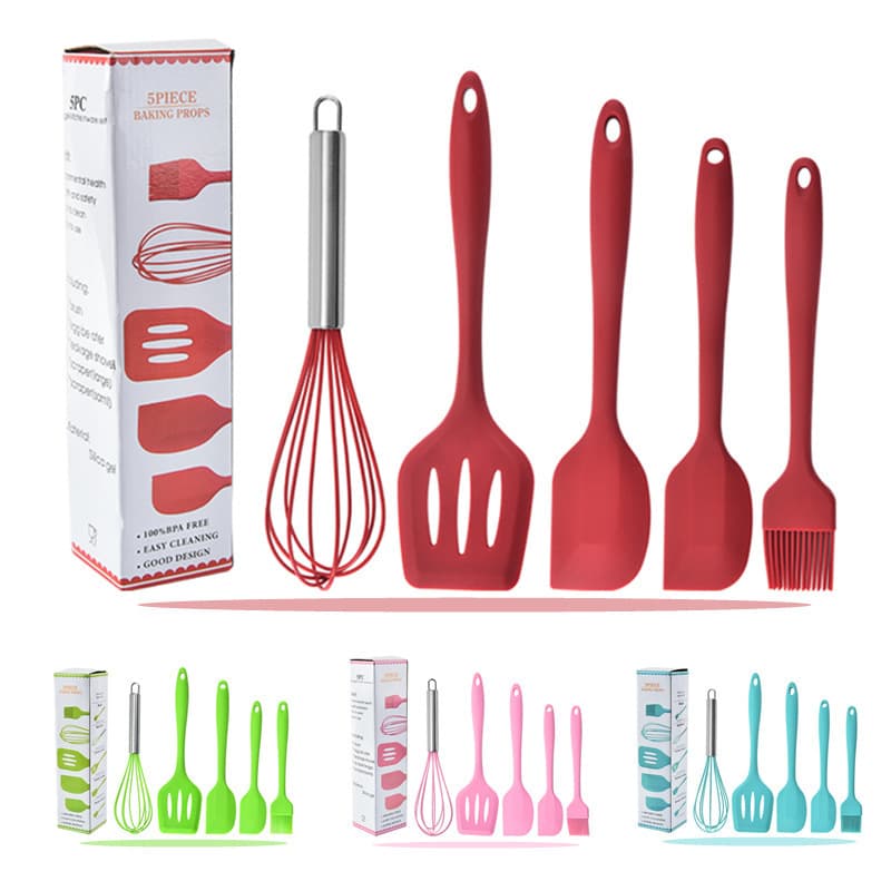 Silicone Baking Tool Set (5 Pieces): High-Temperature Resistant Silicone Spatula, Brush, Pot Spatula, Stir-Fry Spoon, Egg Beater