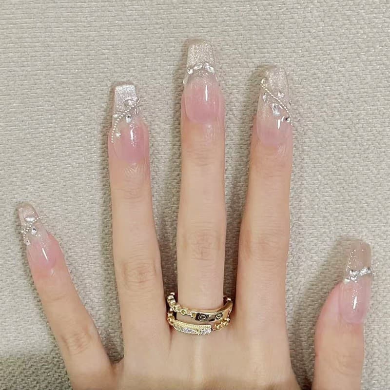 Medium-Long Cat Eye Nail Tips with Rhinestones, Nude Pink Pearl Chain, Luxury Light-Color Press-On Nails, Finished Pre-Made Nail Tips