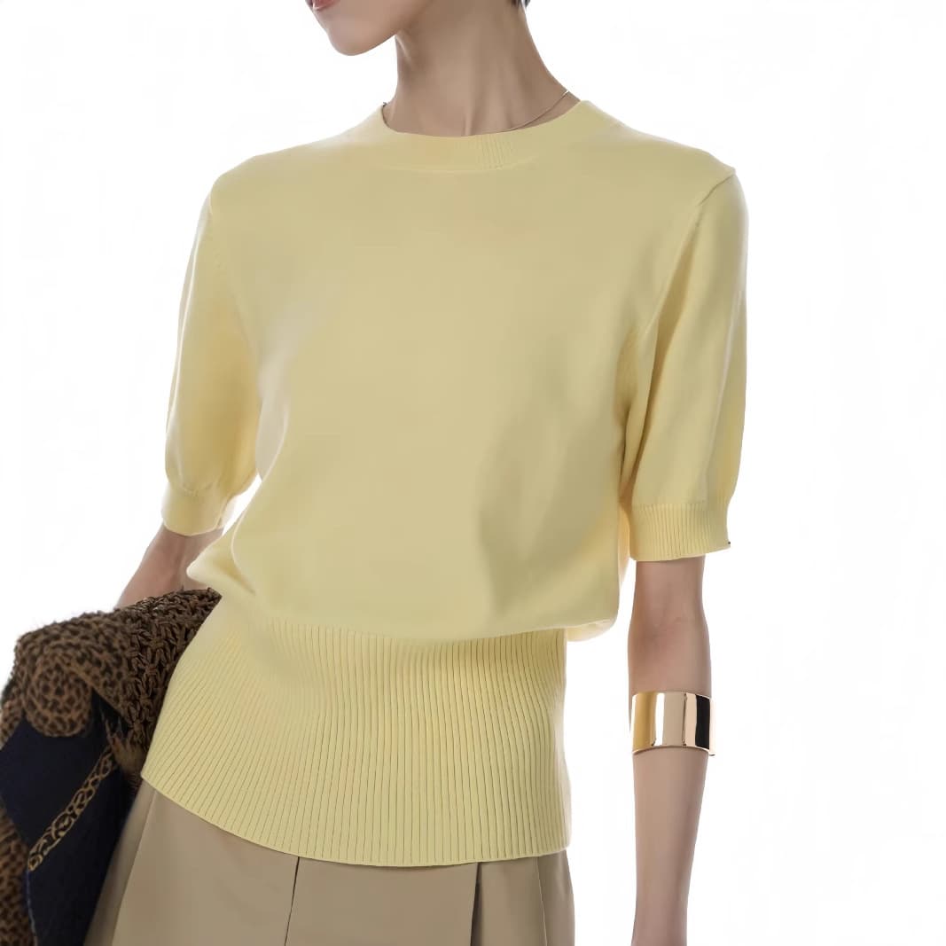 LIONCAT Casual & Free / New Fashionable Goose Yellow Short-Sleeve Cinched-Waist Knit Top Women's Short Versatile Wool Sweater