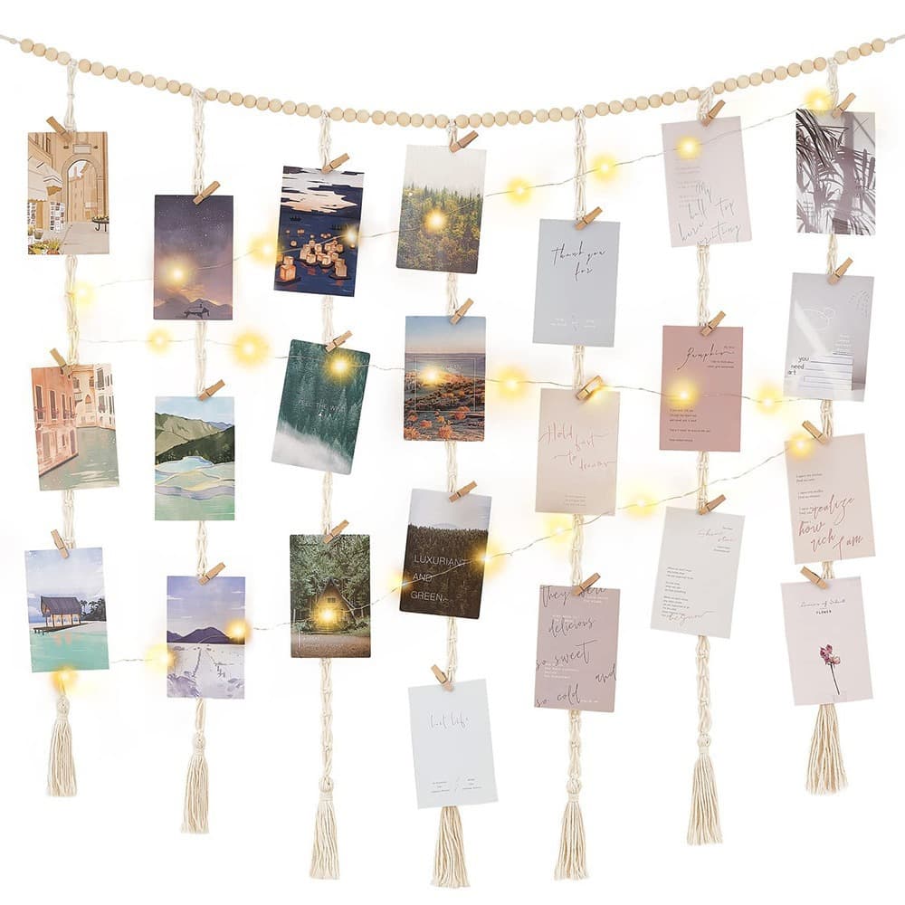 Cross-border Ins Woven Tapestry Tassel Photo Clip Cotton Rope Wood Bead Decorative Storage Home Photo Hanging Wall Hanging