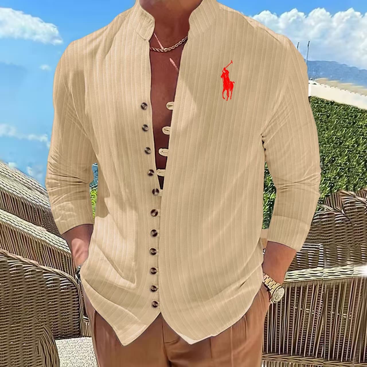 2026 New Cotton Linen Shirt Men Long Sleeve Summer Sun Protection Small Horse Logo Embroidery Linen Casual Cardigan Stand Collar Shirt