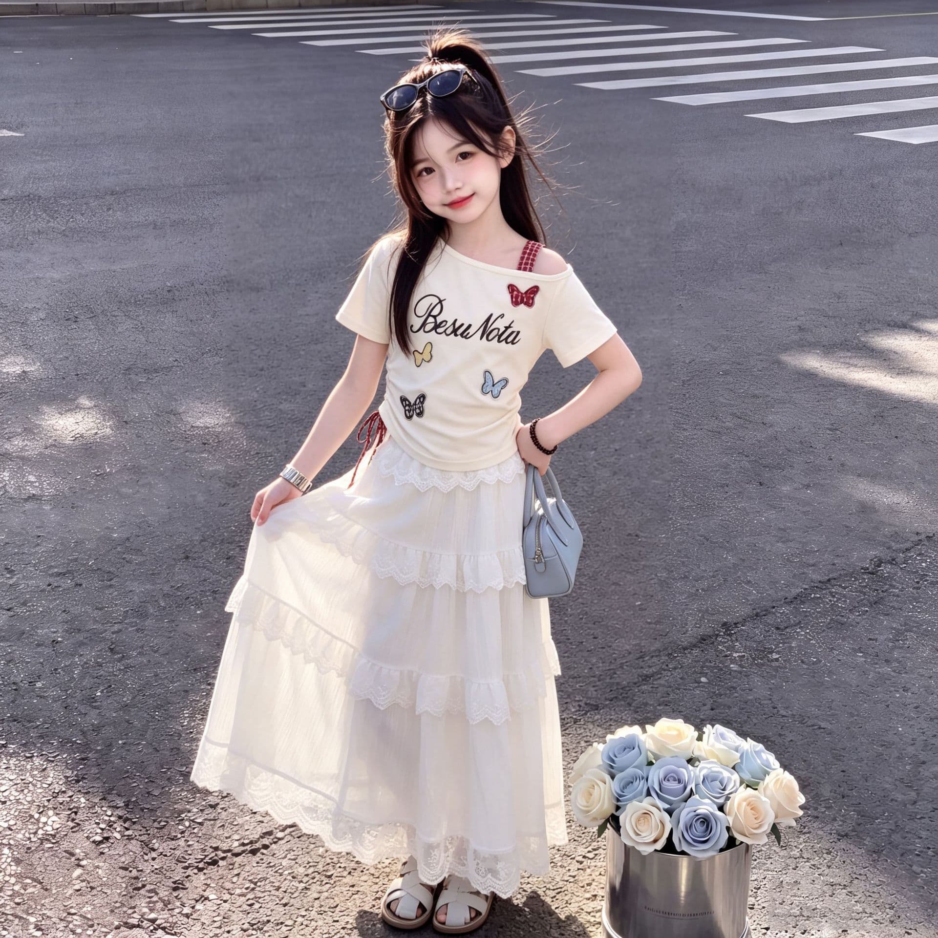 Big children's gentle style and sweet cartoon off-shoulder short-sleeved top summer new girls' lace half-length skirt two-piece set