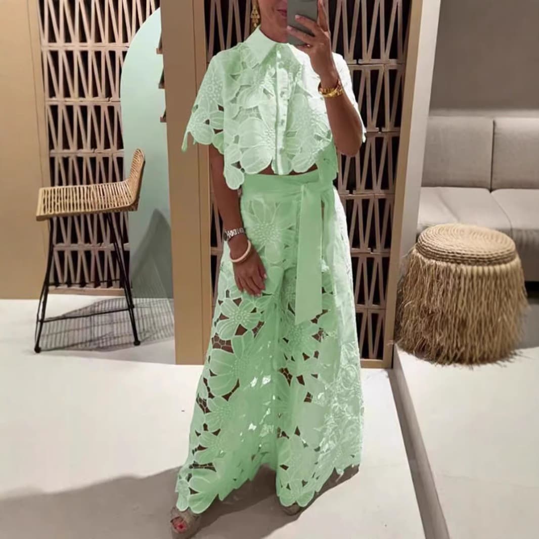 2024 Summer New Amazon Cross-Border European and American Solid Color Sexy Hollow Cardigan Top Wide-Leg Pants Two-Piece Set for Women