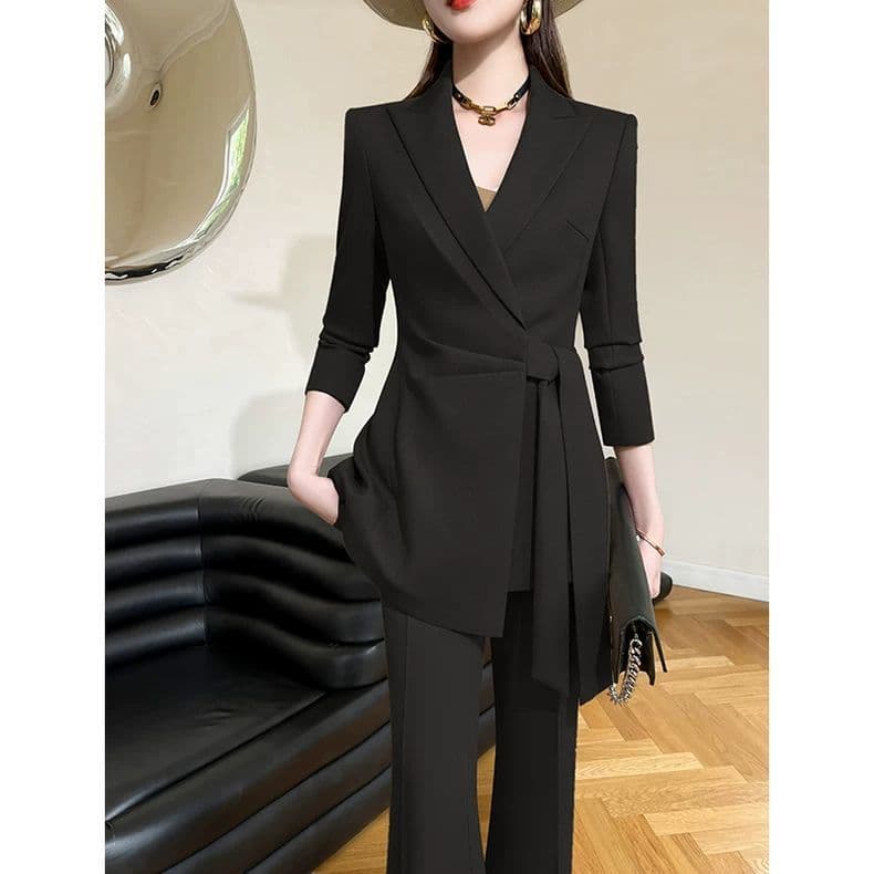 Black Suit Set for Women, New Design, Professional, Slim Fit with Tie Waist, Suitable for Formal Occasions in Spring and Autumn