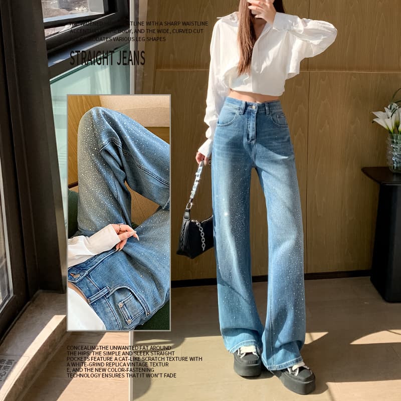 [1710 # Starry Rhinestone Jeans for Women 2026 Spring Design High-Waisted Straight-Leg Petite Wide-Leg Pants