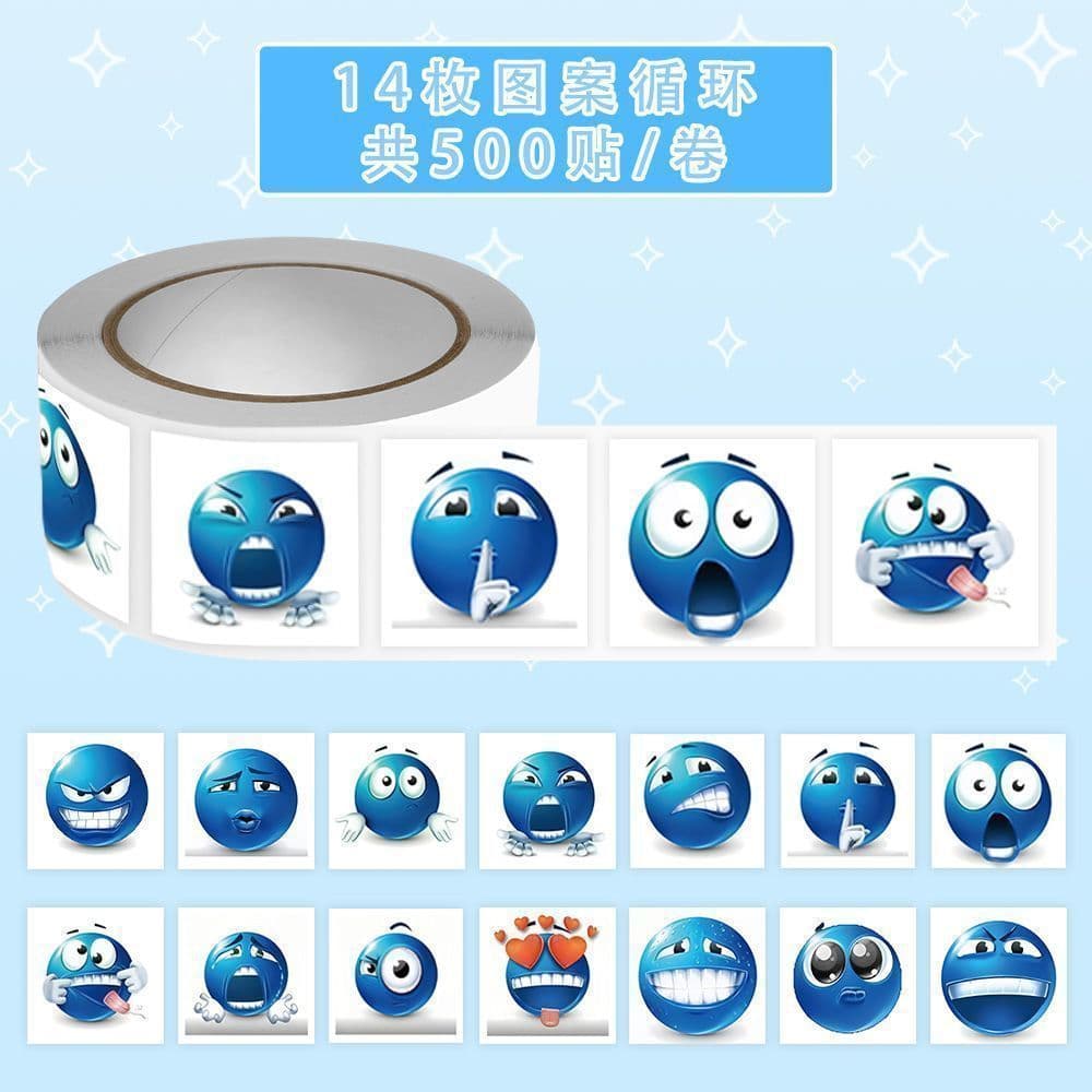 Creative little blue bean emoji sticker pack, fun expression stickers for campus students, kids, and office workers with smiley faces.