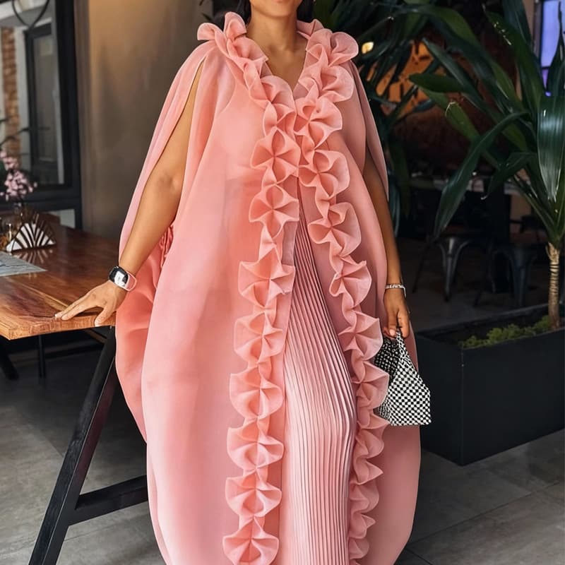 African Loose Pleated Lace Fashion Outerwear Pleated Wide-Leg Pants Set, Party Wedding Robe Two-Piece Set