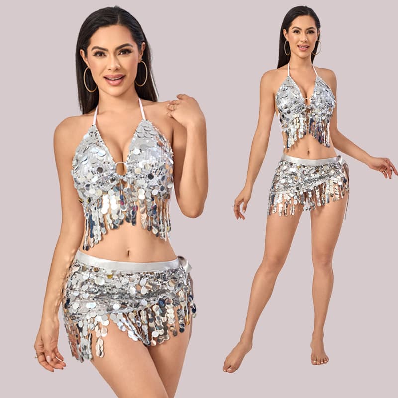 New Belly Dance Waist Chain Hip Scarf Amazon Sequin Tassel Set Sexy Top Stage Performance Sequin Set