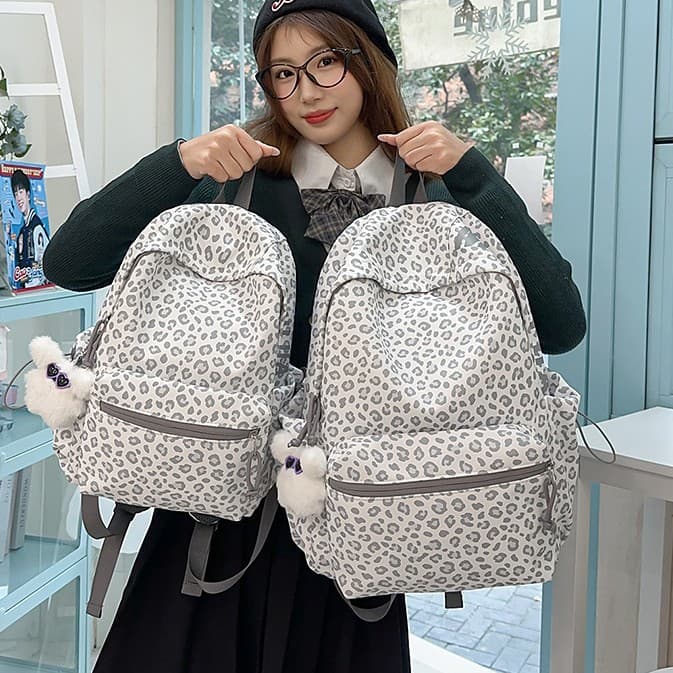Korean leopard print schoolbag for women, small and fresh, high school student backpack, campus ins style polka dot backpack for women