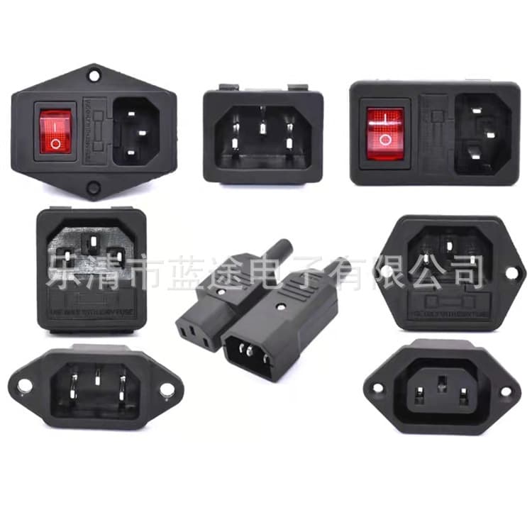 High-quality AC power three-core socket, pin-shaped socket, male socket with ears, fuse, all-copper power socket