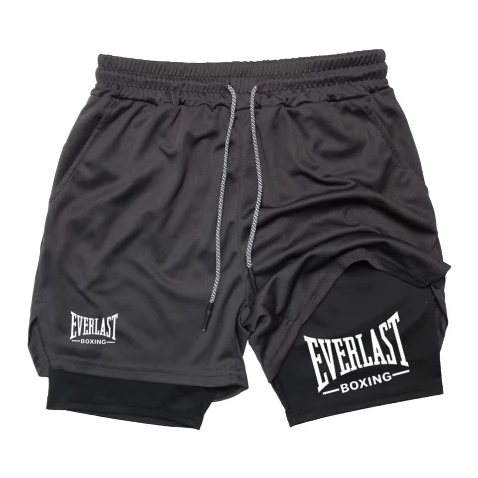 Men's Compression Sports Shorts, EVERLAST Printed Athletic Shorts, Double Layer, Quick-Dry, Basketball, Muscle