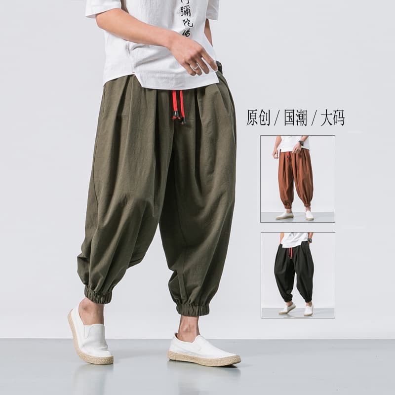 2026 all-year-round men's loose solid color plus size bloomers Chinese style retro cuffed breeches cotton and linen trousers