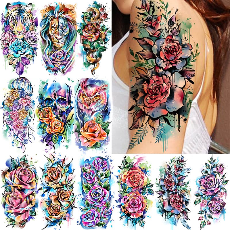 Cross-Border Watercolor Rose Tattoo Sticker Waterproof Arm Leg Temporary Tattoo Sticker