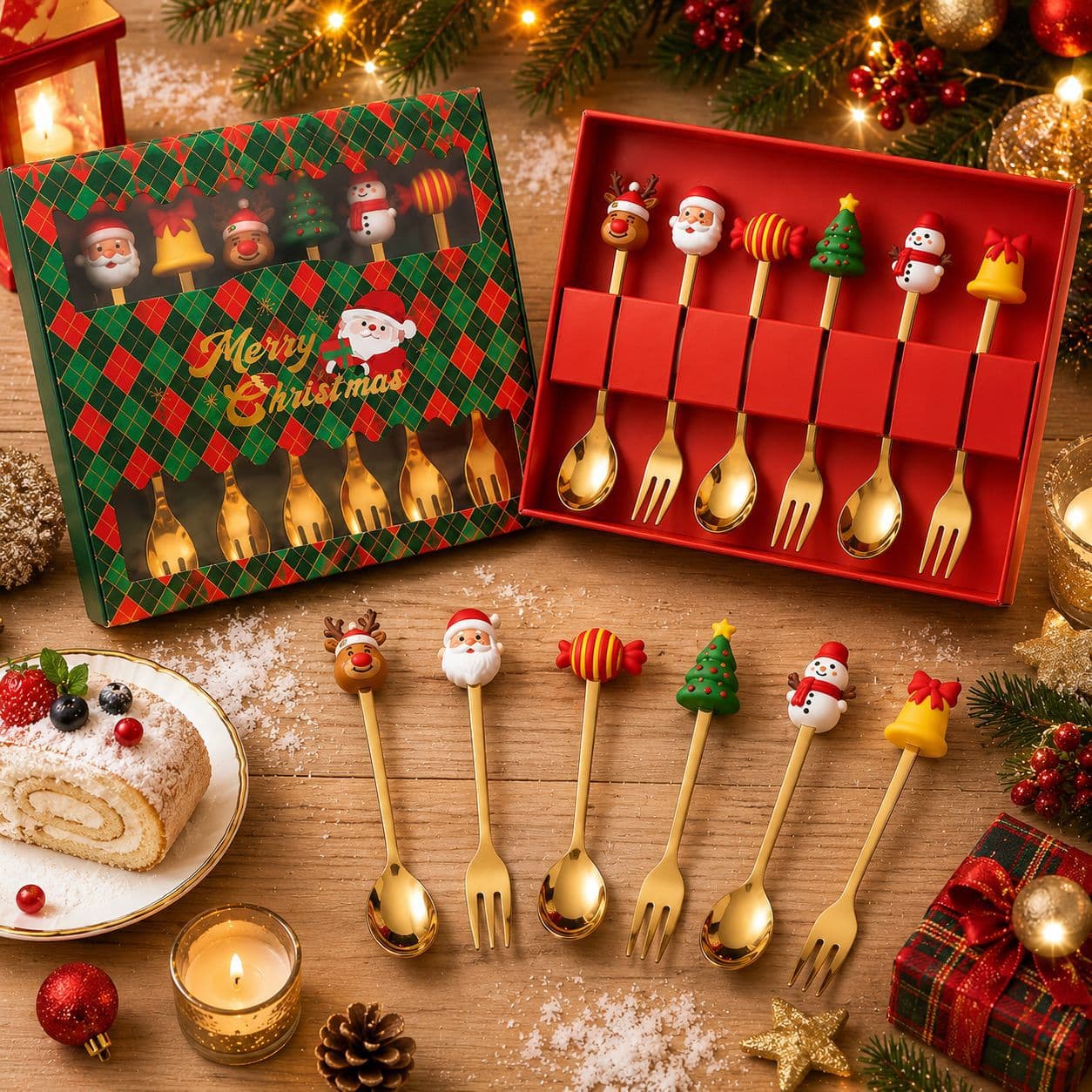 Cross-border Christmas Tree Tableware Stainless Steel Spoon Cartoon Character Fork Coffee Spoon Kids Christmas Set Gift Box