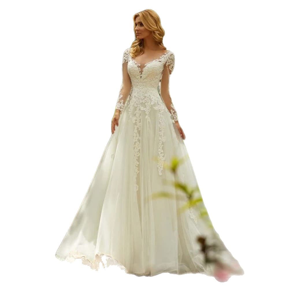 Long-Sleeve Wedding Dress Forest Style 2026 New Arrival Bride Simple V-Neck Fitted Sheer Travel Photo Train Soft Tulle Slimming