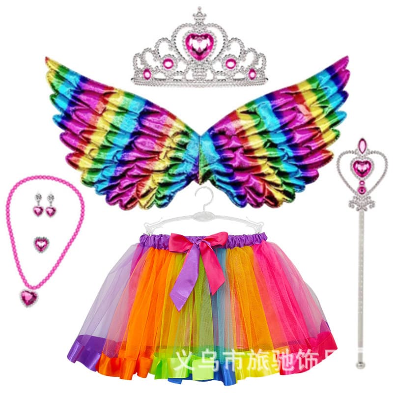 Frozen Elsa Princess Crown Tutu Dress Children's Wing Back Accessory Magic Wand Girl Necklace Set