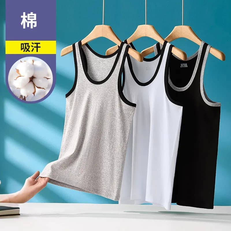 Summer Men's Pure Cotton Vest, Youth Sleeveless Fitness Vest with Color-Blocking Trim, Trendy Slim-Fit Thin Strap Vest for Men