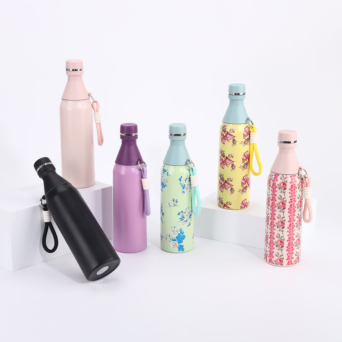 Cross-border Direct Supply 304 Stainless Steel Cola Bottle Creative Colorful Printed Narrow Mouth Bottle Simple Solid Color Rope Handle Thermos Cup