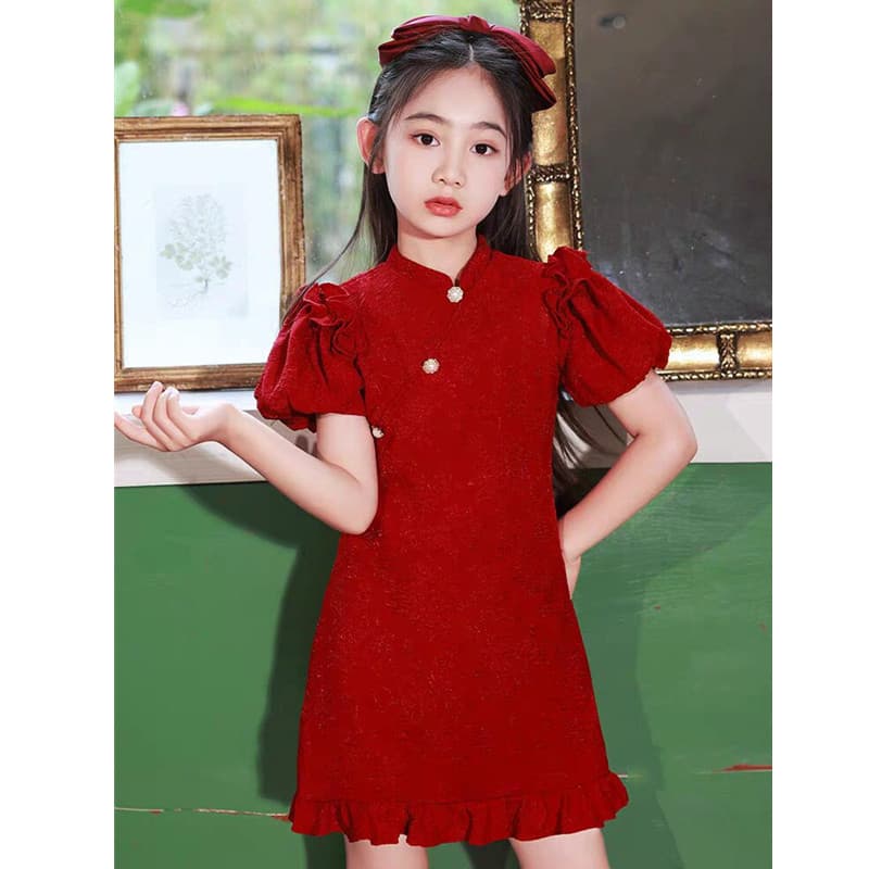 Girls' Cheongsam Summer Wear Retro Princess Dress New Style, Chinese-style Red Children's Dress for Summer Performance