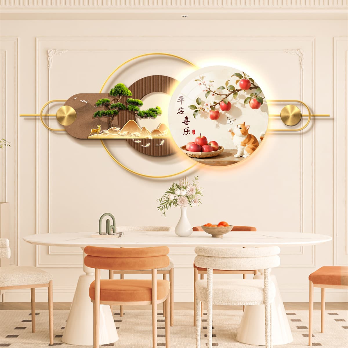3D Wall Mural Decor with Ambient Lighting High-end Room Background Wall Aluminum Alloy Combination Hanging Art