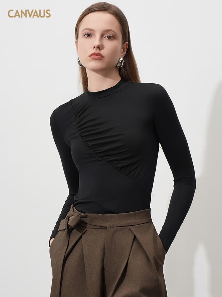 CANVAUS Women's Autumn Winter New Modal Half Turtleneck Ruched Design Long Sleeve T-Shirt Solid Color Base Layer Top