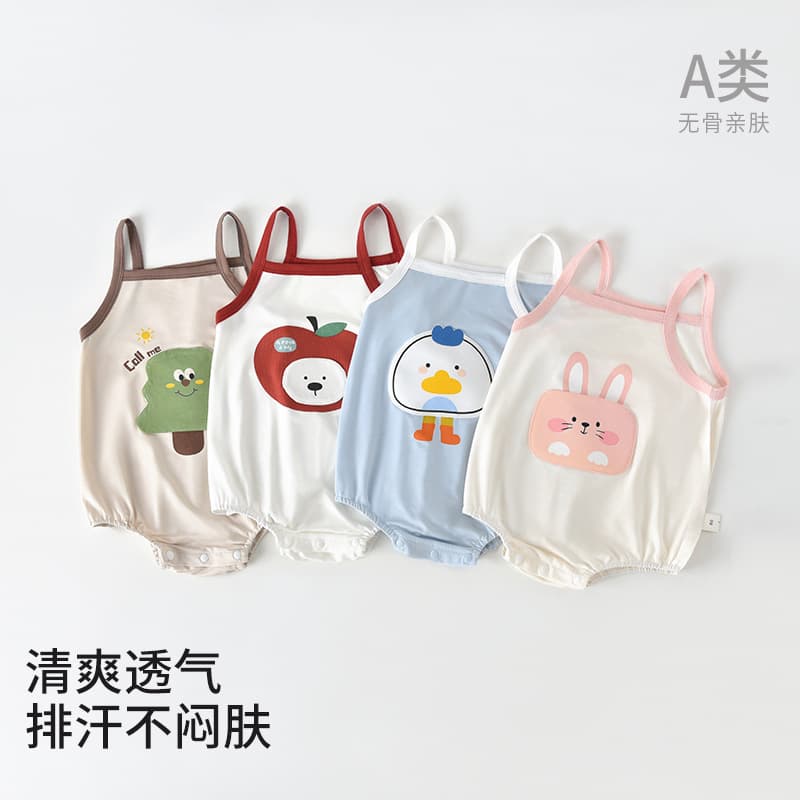 Baby cartoon sling bag fart clothes Xia Lanjing Modal thin boneless skin-friendly sweat-wicking newborn triangle crawl suit