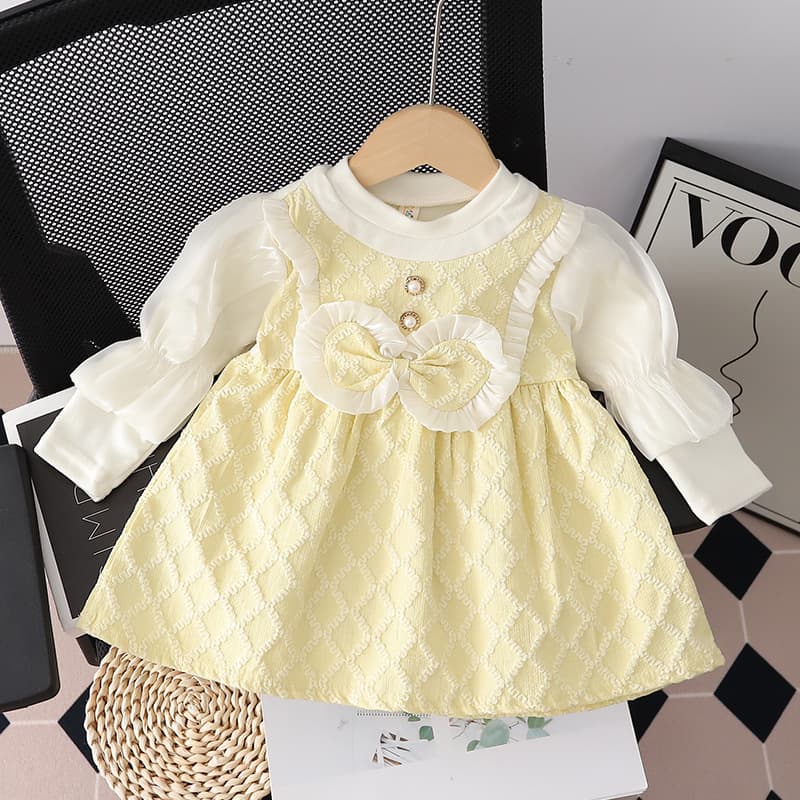Spring Autumn Girls Dress Butterfly Knot Bubble Sleeve Fake Two-Piece Long Sleeve Princess Gown Cute Children's Fashion Cotton Blend